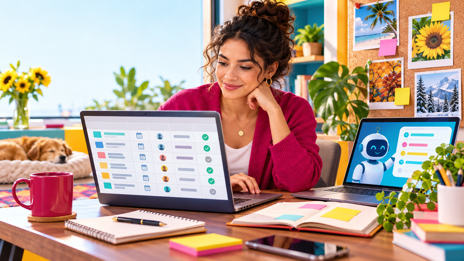 A small-business owner reviewing a laptop spreadsheet with columns for customer question, publication date, owner, review deadline, and approval status; nearby sticky notes identify seasonal priorities, with an AI planning brief open beside the calendar.