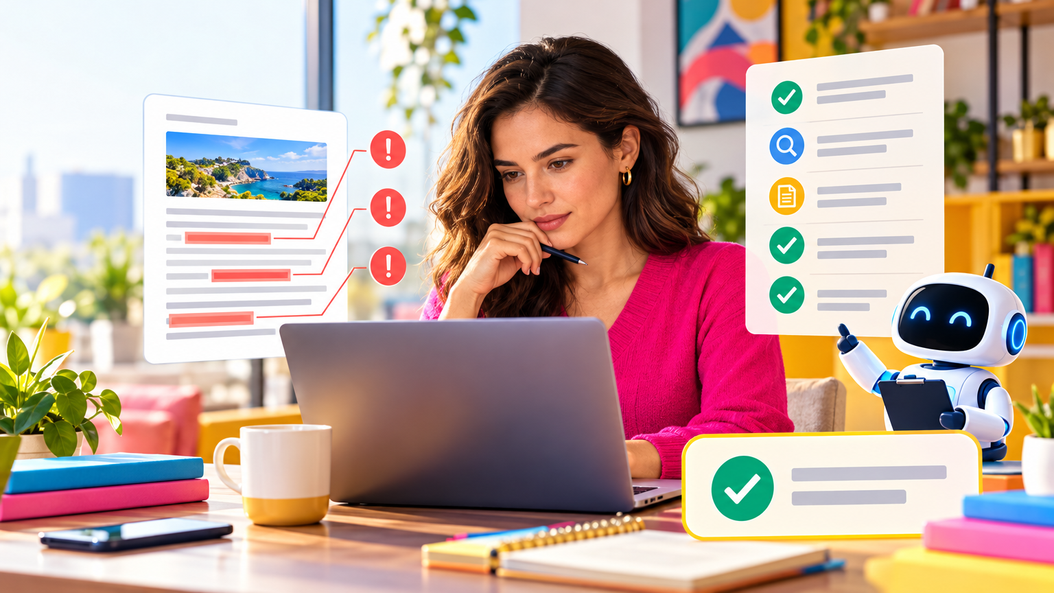 A small-business owner reviewing a promotional paragraph on a laptop, with unsupported phrases highlighted beside a claim-evidence checklist, an open source document, and a final-approval field.