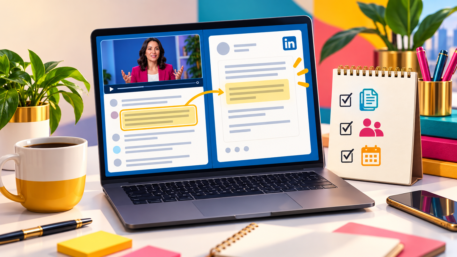 A desk with a laptop showing a webinar transcript on the left and a LinkedIn draft on the right. Highlight the welcome-email passage and connect it visually to the draft’s matching advice. Include a handwritten review checklist labeled Source, Permission, and Currency; avoid invented performance met
