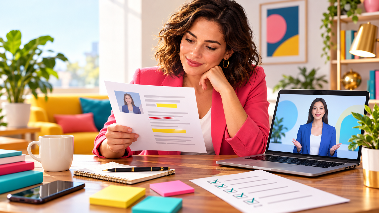 A small-business owner reviewing a printed avatar video script beside a laptop with a generic digital presenter preview; highlighted pronunciation notes, a crossed-out jargon phrase, and a publication checklist visible on the desk.