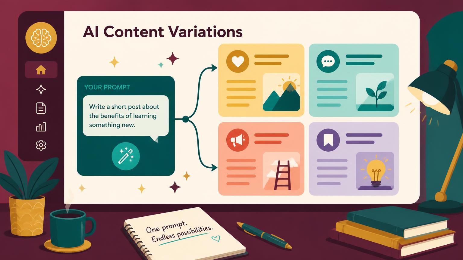An AI content tool turning a single prompt into multiple social media post variations for a marketing campaign.