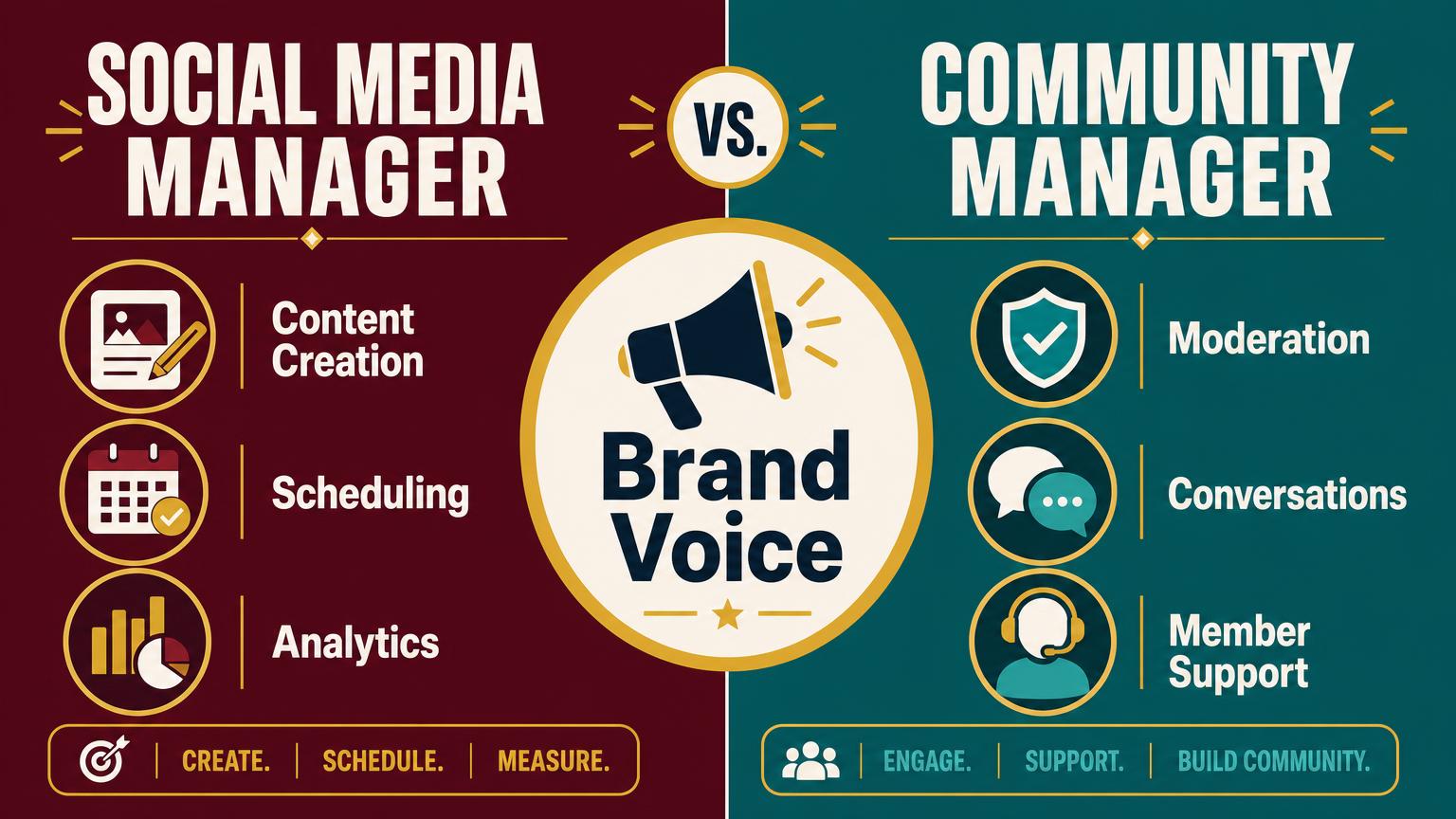 Diagram comparing Social Media Manager duties (content creation, scheduling, analytics) with Community Manager duties (moderation, conversations, member support).