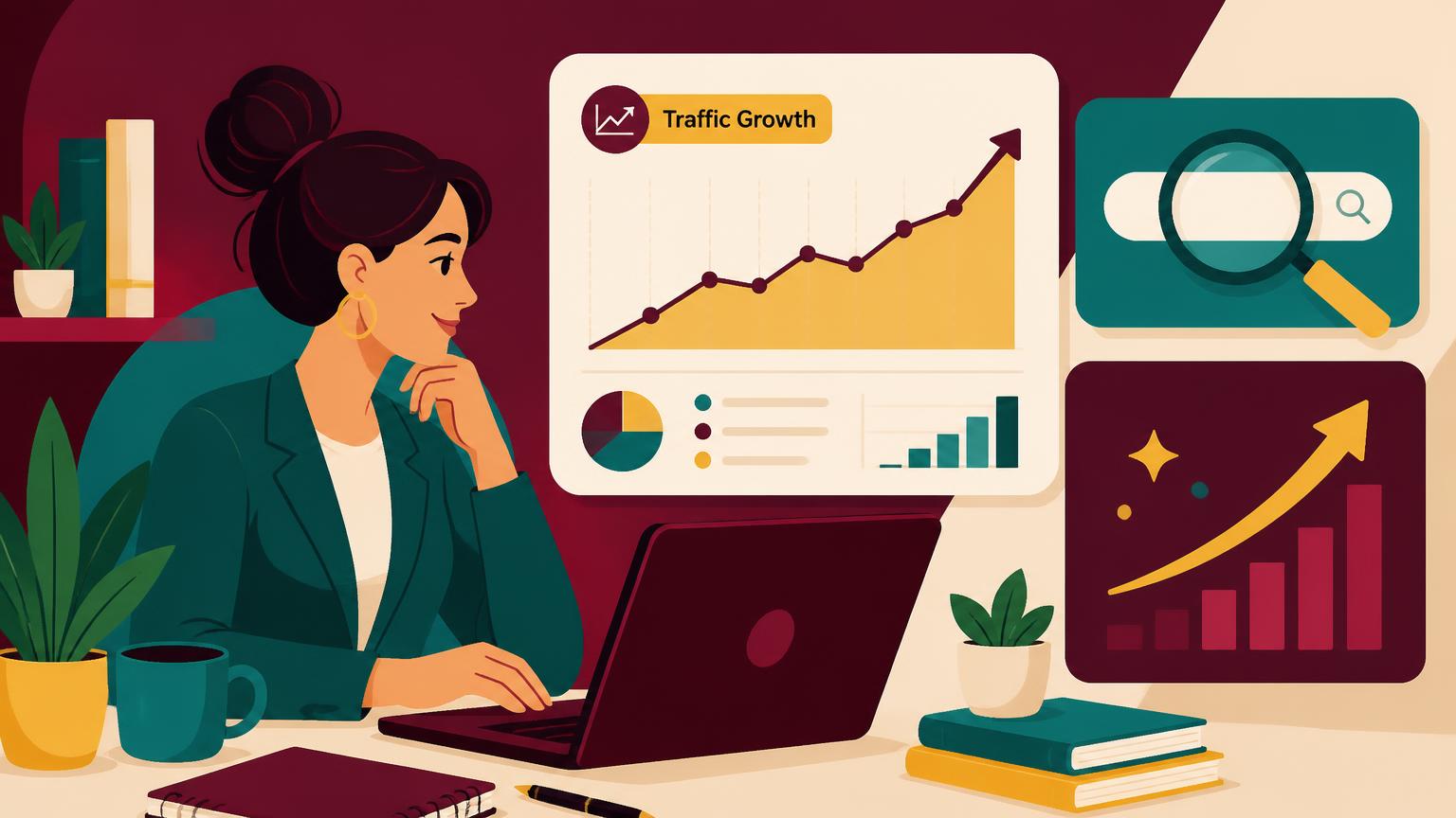 A marketing professional analyzes website traffic growth on a laptop, demonstrating the SEO benefits of content marketing for a personal brand.