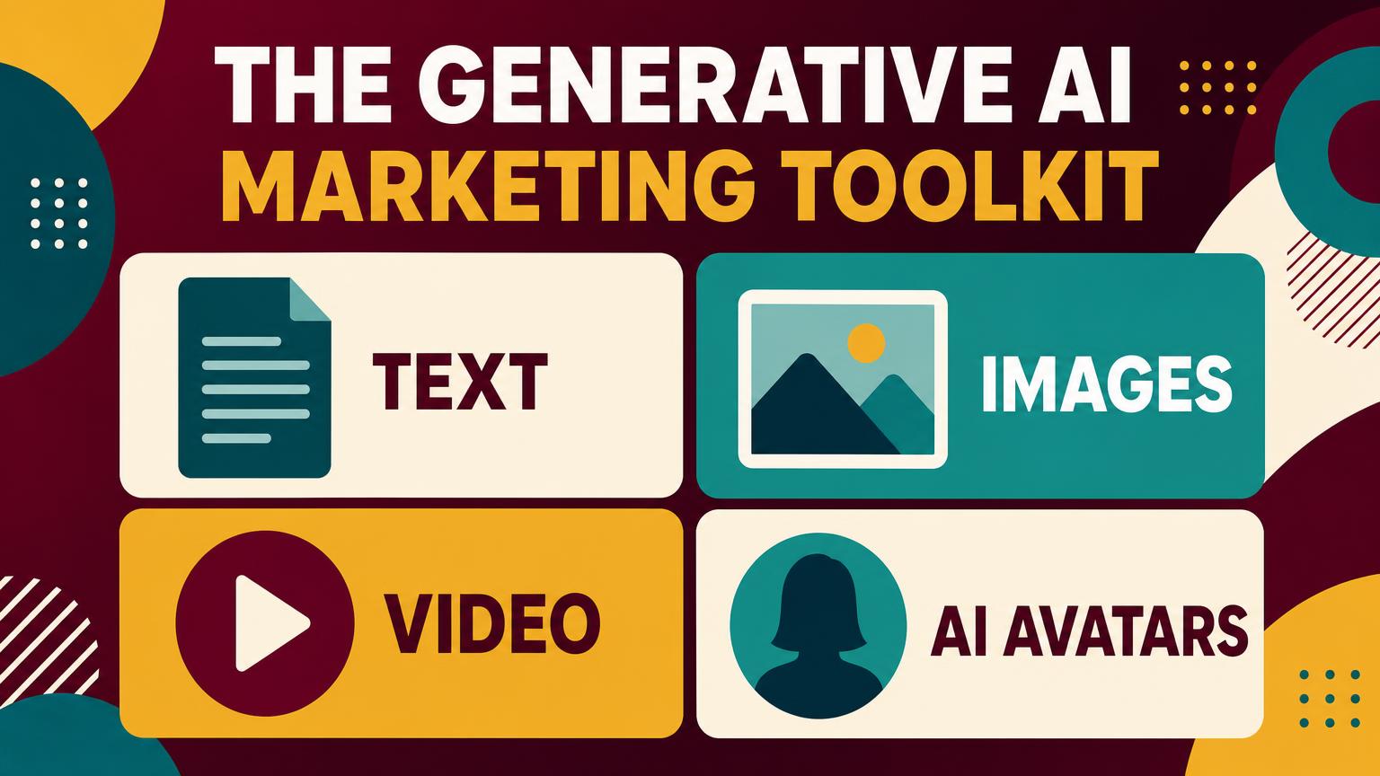 Infographic of the generative AI marketing toolkit showing categories for text, image, video, and AI avatar creation used by marketers in 2026.