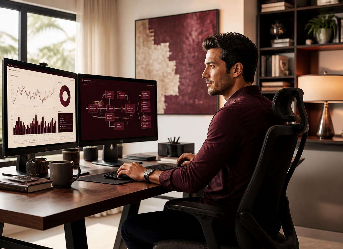 Solo agency owner running AI marketing dashboards and workflows from a home office
